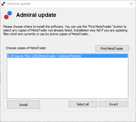 หน้าต่างอัพเดต Admiral